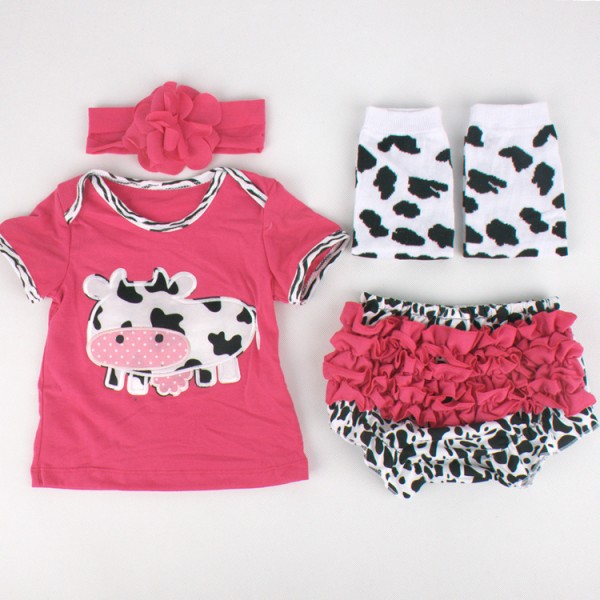 4-Piece Little Cow Short Sleeve Top And Skort Set For 19 - 22 inches Reborn Girls