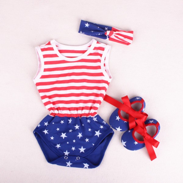 3-Piece American Flag Bodysuit And Headband Set For 19 - 22 inches Reborn Babies