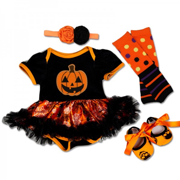 4-Piece Halloween Pumpkin Bodysuit And Tutu Dress Set For 19 - 22 inches Reborn Girls