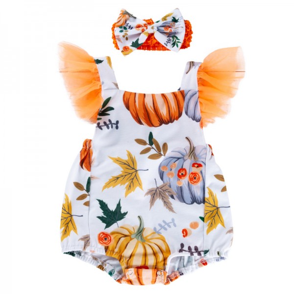 2-Piece Pumpkin Suspenders Bodysuit And Headband Set For 19 - 22 inches Reborn Girls