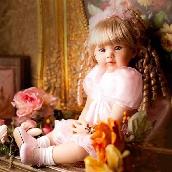 Lifelike Baby Doll Curly Blonde Hair Princess In Pink Skirt High Quality Reborn Toddler Girl 24inche
