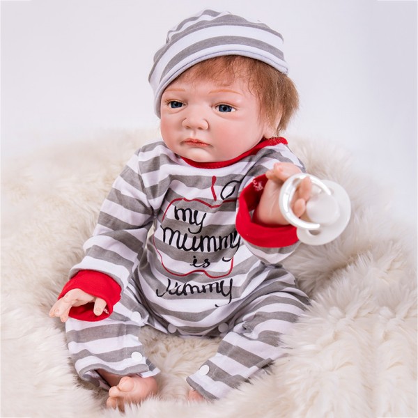 Reborn Baby Doll In Stripe Romper Lifelike Silicone Realistic Boy Doll 19inch