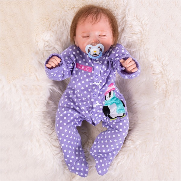Sleeping Baby Girl Doll In Purple Romper Silicone Lifelike Reborn Doll 19inch