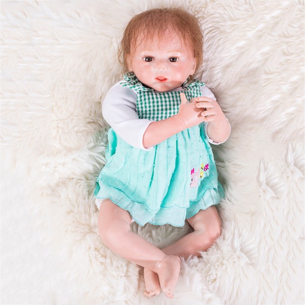 Reborn Girl Doll In Green Dress Lifelike Silicone Baby Doll 18inch