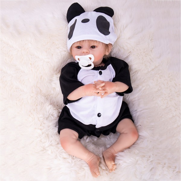 Cute Baby Doll In Panda Romper Silicone Life Like Reborn Boy Doll 18inch