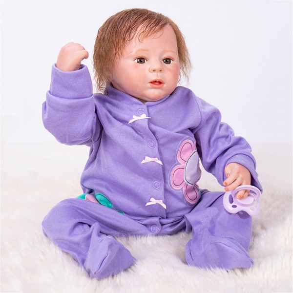 Reborn Girl Doll In Purple Romper Lifelike Silicone Baby Doll 18inch