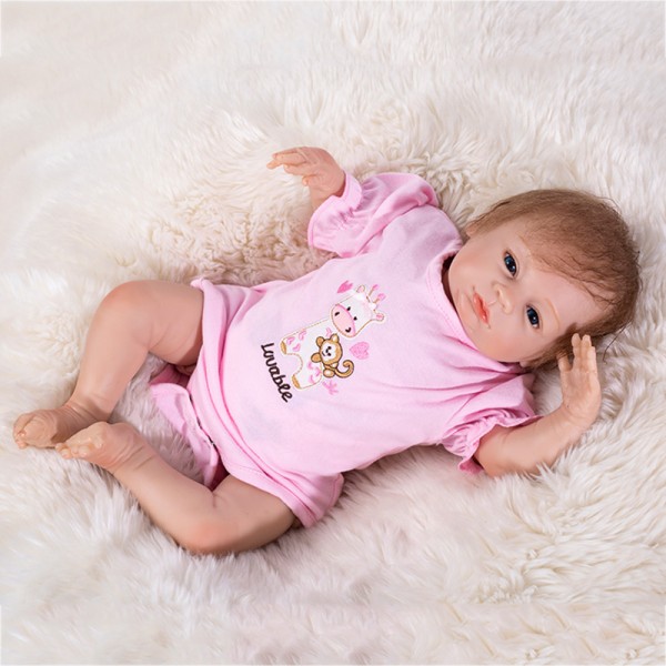 Cute Reborn Baby Doll In Pink Romper Mohair Silicone Girl Doll 18inch