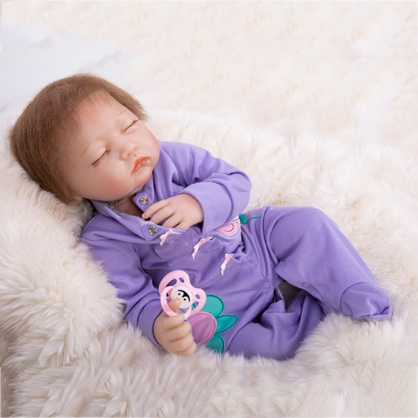 Sleeping Baby Doll In Purple Romper Silicone Lifelike Reborn Girl Doll 19inch