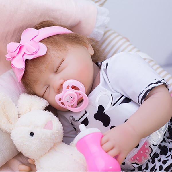 Sleeping Reborn Baby Doll In Dairy Cow Romper Silicone Lifelike Girl Doll 19inch