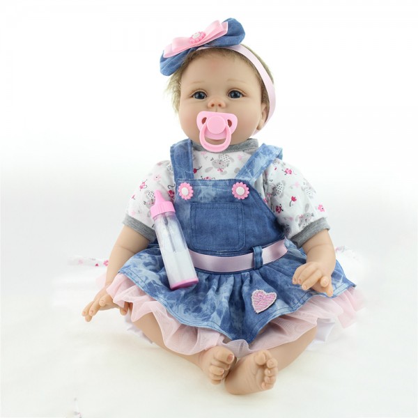 Reborn Baby Girl Doll In Denim Dress Lifelike Silicone Baby Doll 22inch