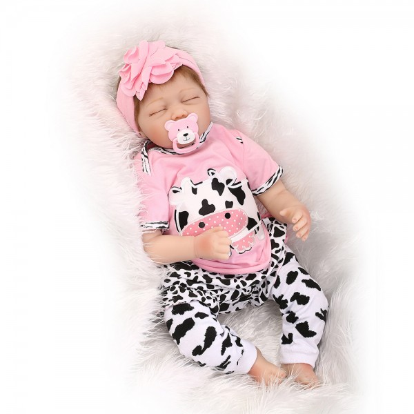 Sleeping Baby Doll In Dairy Cow Romper Lifelike Reborn Girl Doll 22inch