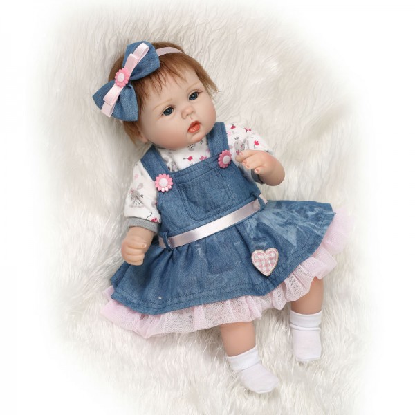 Cute Reborn Baby Doll In Denim Dress Mohair Silicone Girl Doll 16inch