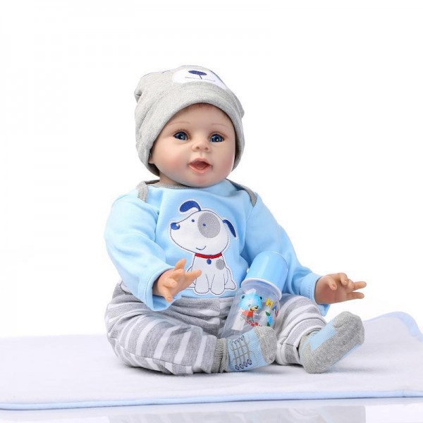 Cute Boy Doll Hand Rooted Mohair Silicone Reborn Baby Doll 22inch