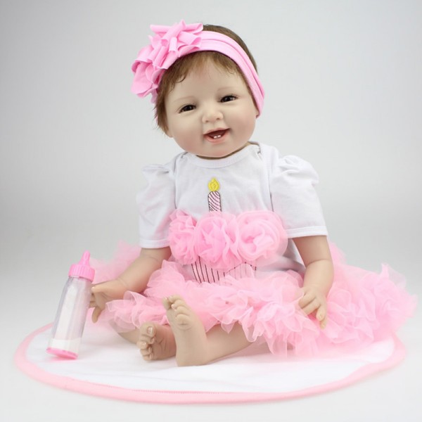 Reborn Girl Doll In Pink Bubble Skirt Lifelike Silicone Baby Doll 22inch