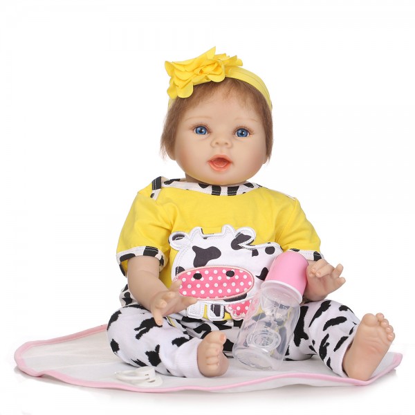 Reborn Baby Doll In Dairy Cow Romper Lifelike Silicone Girl Doll 22inch