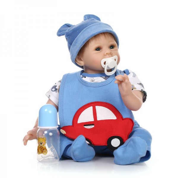 Reborn Baby Boy Doll In Car Romper Lifelike Real Silicone PP Cotton Doll 22inch