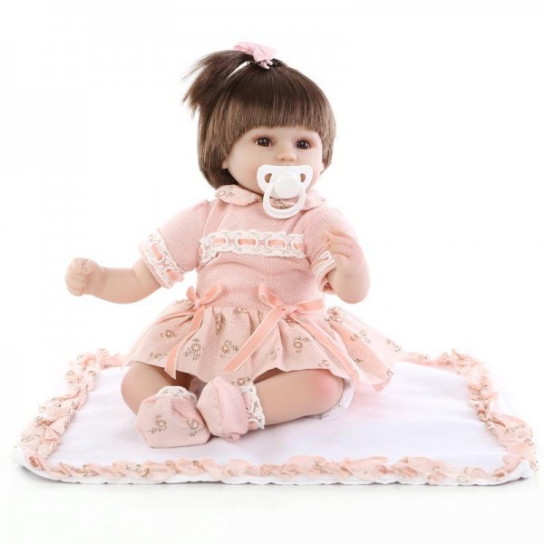 Lifelike Baby Doll In Pink Dress Silicone Realistic Reborn Girl Doll 17inch