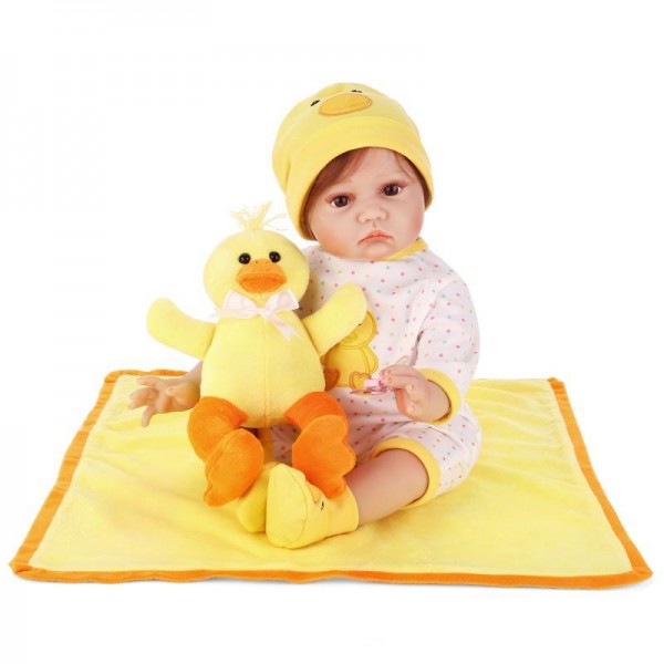Reborn Baby Doll In Yellow Duck Romper Lifelike Silicone Girl Doll 22inch