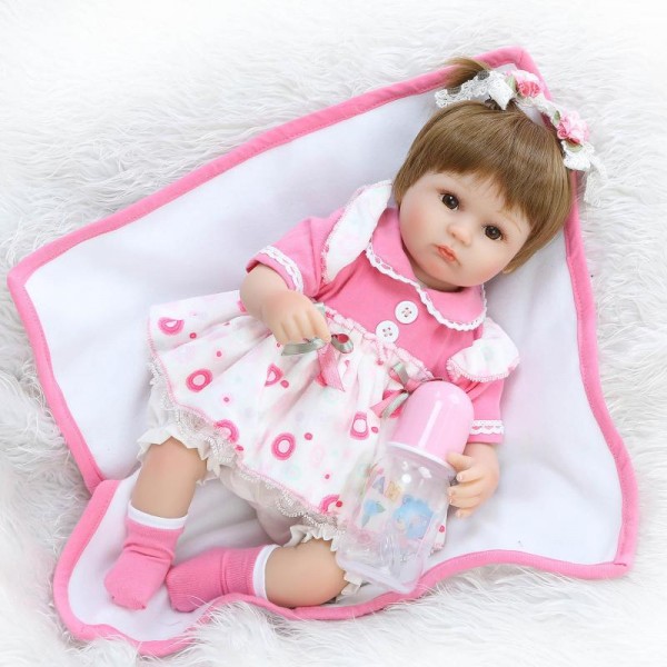 Poseable Reborn Girl Doll In Pink Dress Lifelike Silicone Baby Doll 16.5inch