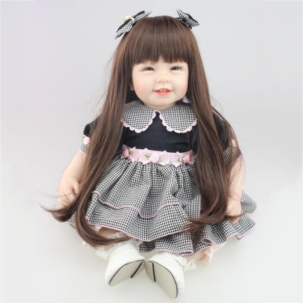 Realistic Smile Reborn Baby Doll Long Hair Lifelike Silicone Baby Girl Doll 22inch