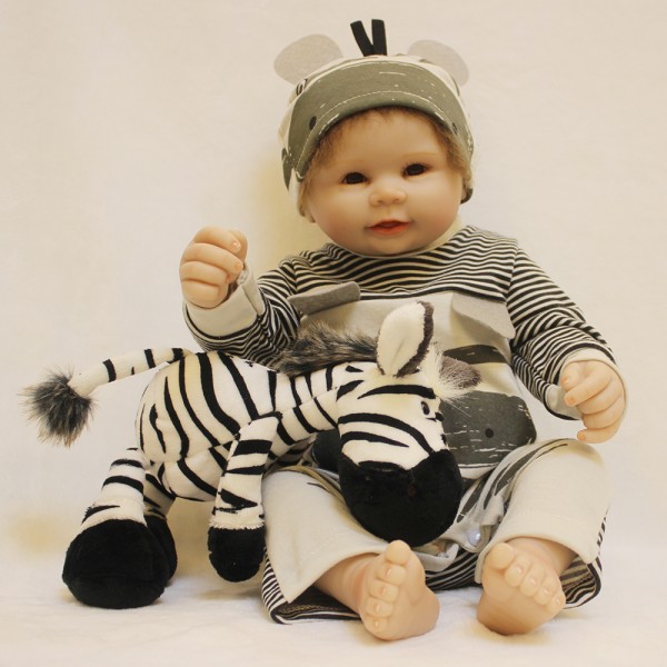 Reborn Boy Doll In Zebra Romper Lifelike Realistic Silicone Vinyl Baby Boy Doll 20inch
