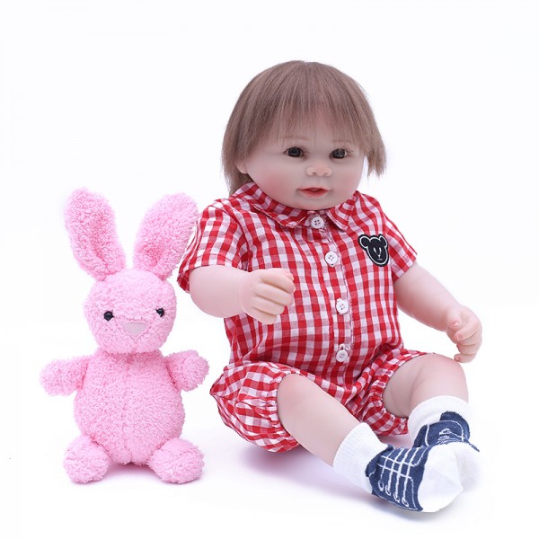 Silicone Reborn Boy Doll In Grid Romper Lifelike Realistic Baby Doll 19inch