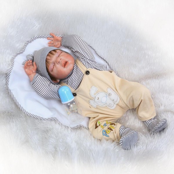 Cute Newborn Sleeping Baby Boy Doll Rooted Mohair Lifelike Silicone Reborn Doll 22.5inch