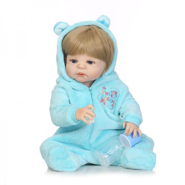 Reborn Boy Doll In Blue Romper Lifelike Realistic Silicone Vinyl Baby Doll 22.5inch
