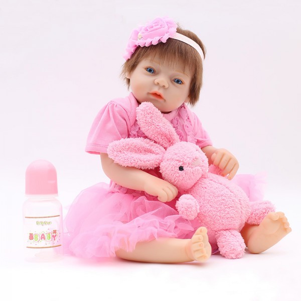 Silicone Reborn Girl Doll In Pink Bubble Dress Lifelike Baby Doll 20inch