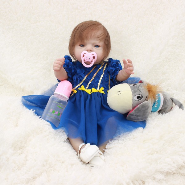 Silicone Reborn Girl Doll In Blue Dress Lifelike Realistic Pretty Baby Doll 20inch