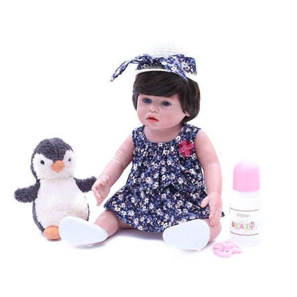 Reborn Baby Girl Doll In Floral Dress Lifelike Realistic Silicone Doll 18inch With Toy