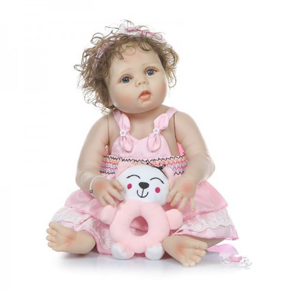 Reborn Girl Doll In Pink Dress Lifelike Poseable Silicone Curly Hair Baby Doll 22inch