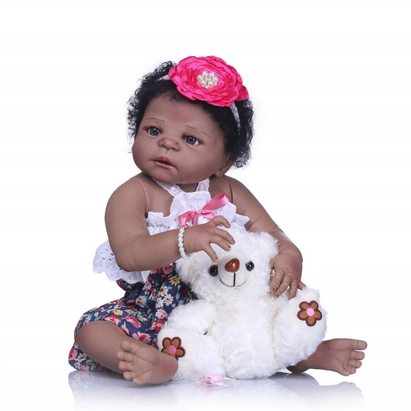 Cute African American Reborn Baby Doll Full Body Silicone Baby Doll 22.5 inches