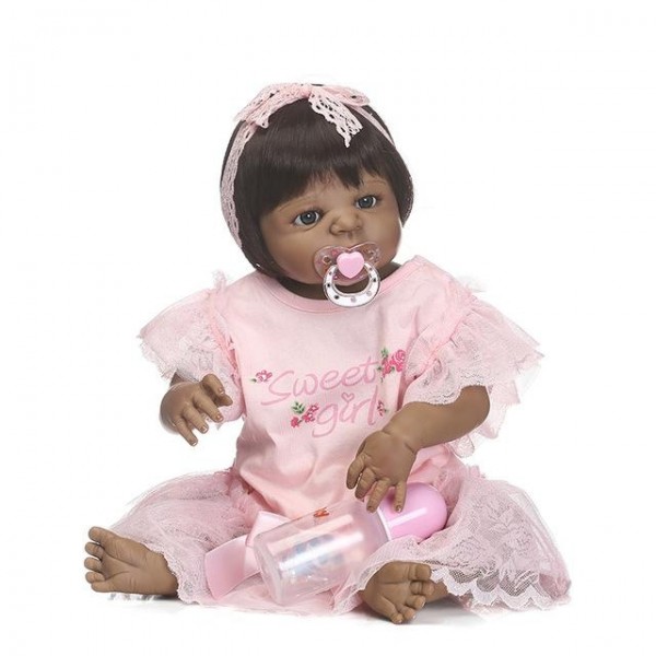 Full Body Silicone Black Reborn Doll Lifelike African American Toddler Dolls 22.5 Inches