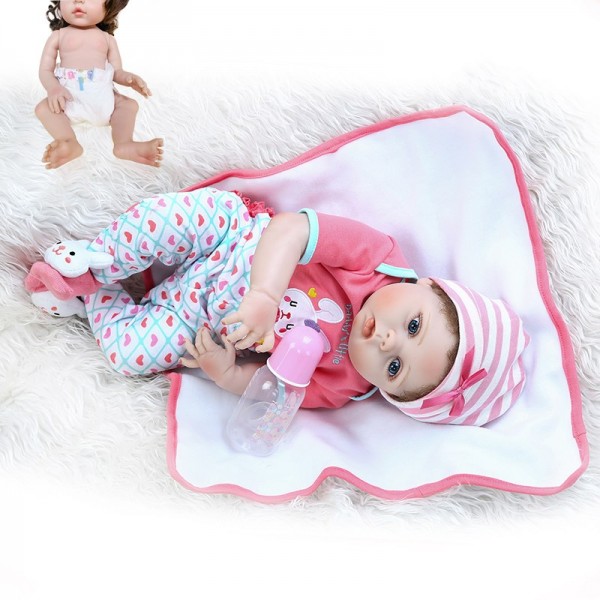 Hand Rooted Curly Fiber Hair Full Body Slicone Soft Reborn Baby Girl Doll 22Inche