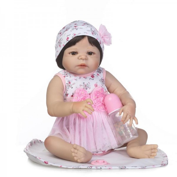 Lifelike Reborn Girl Doll In Pink Dress Silicone Baby Doll 22.5inch