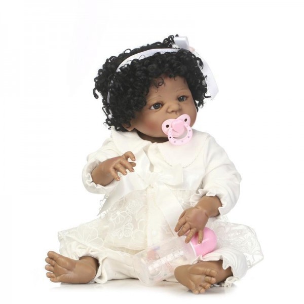 Full Body Silicone Reborn Black Girl Doll with Fashion Hair Style 22 Inches