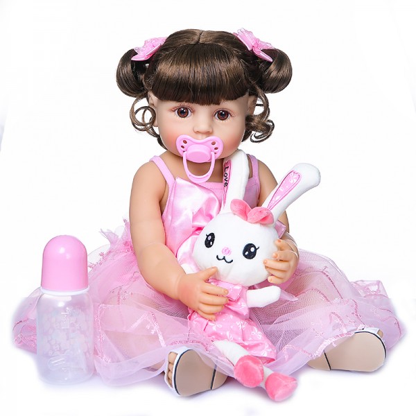 Reborn Baby Toddler Doll In Pink Skirt Original Full Body Silicone Doll 22Inche