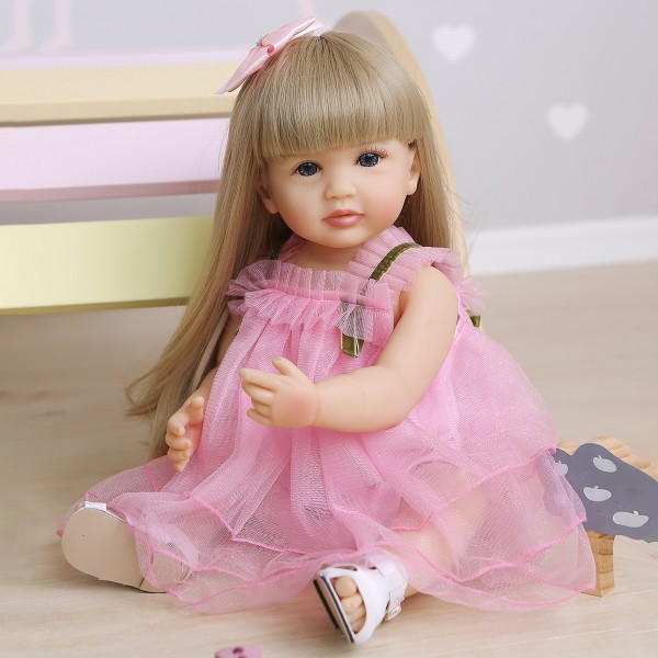 Original Lifelike Reborn Pink Girl Doll Full Body Silicone Sweet Face Baby Doll 22Inche