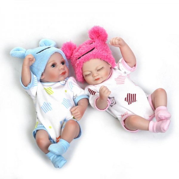 Reborn Twins Baby Dolls Preemie Lifelike Silicone Painted Hair Sleeping Boy Girl Doll 10inch