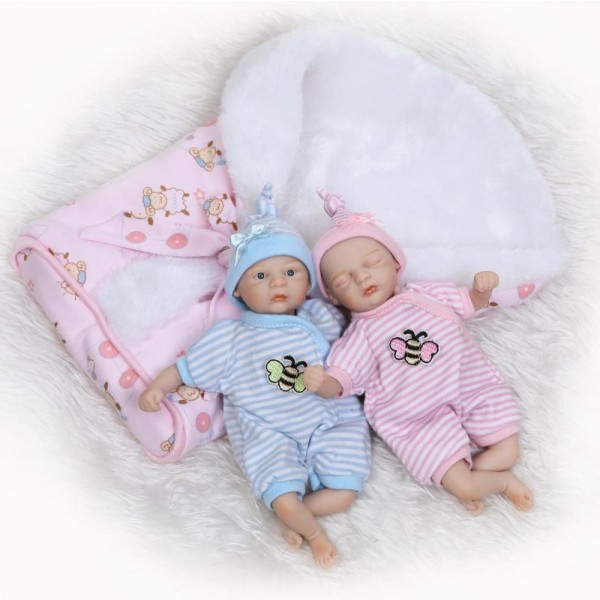 Mini Reborn Twins Dolls Lifelike Silicone Painted Hair Boy Girl Baby Doll 6inch