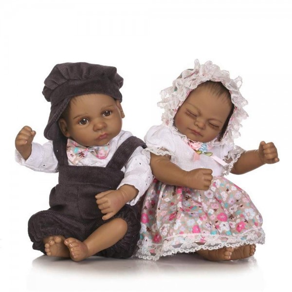 Black Twins Full Body Soft Silicone Newborn Mini Baby Dolls 10 inches