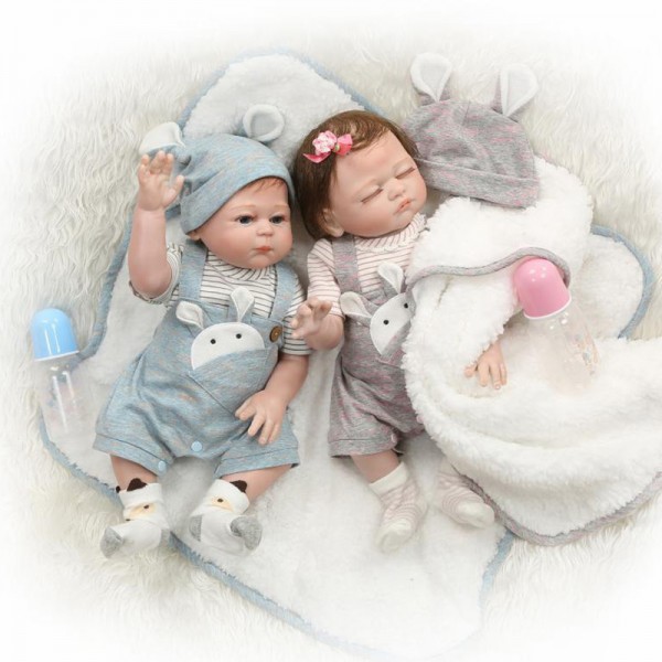 Reborn Twins Dolls Poseable Lifelike Silicone Sleeping Boy Girl Baby Doll 20inch